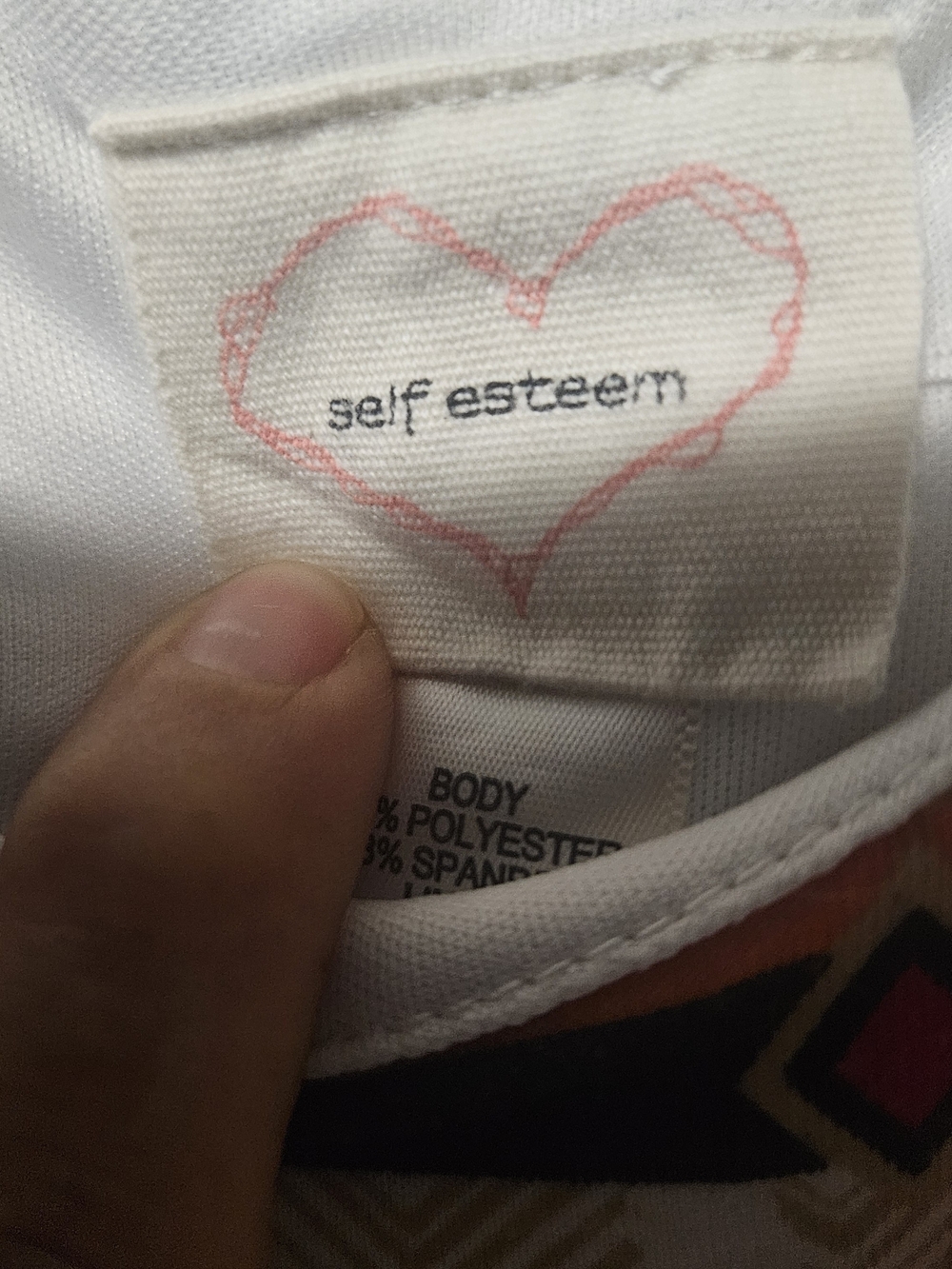Self Esteem White Top with Pink Heart Label and Multicolor Aztec Trim - Picture 2 of 3